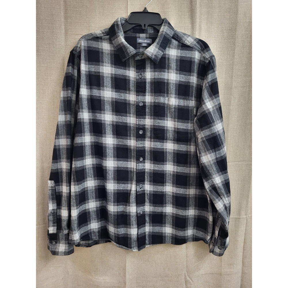 Eddie Bauer Mens XL Black White Plaid Flannel Button Down Shirt EB001722 Cotton